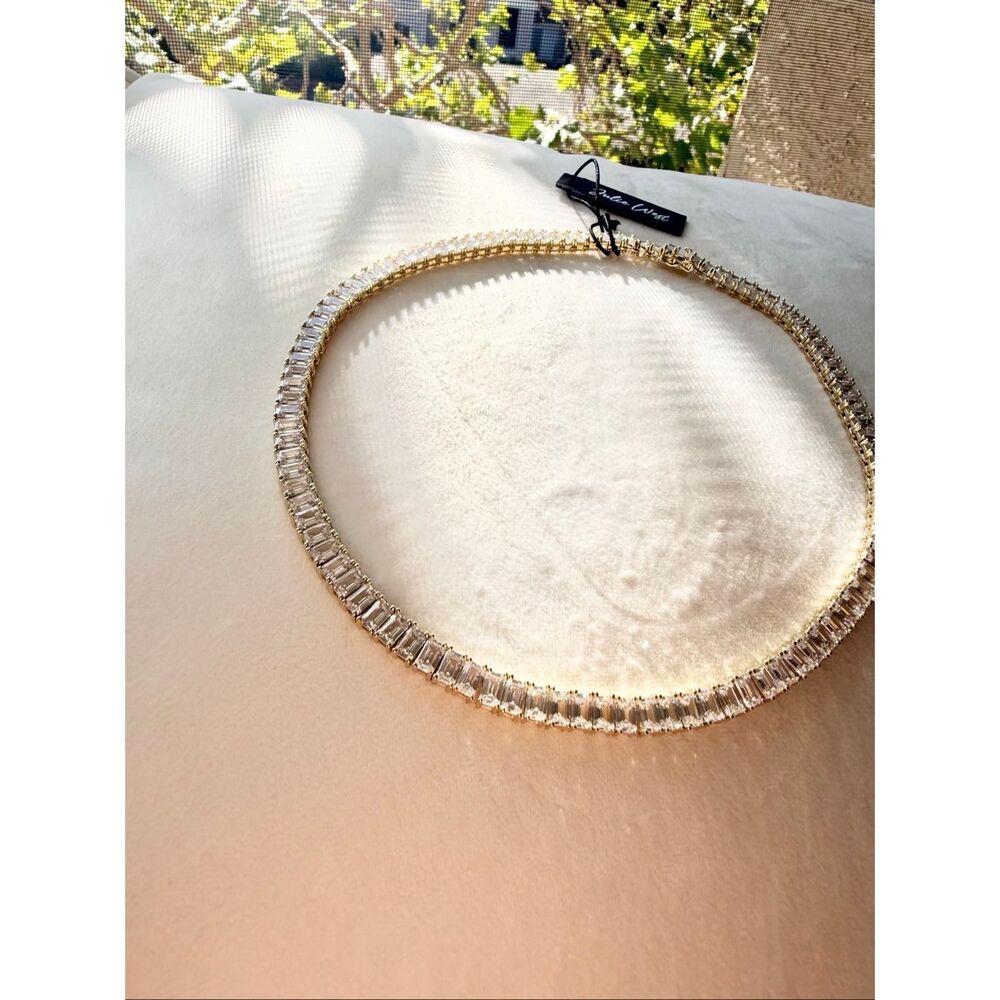 Dolce West Gold Tone Baguette Crystal Tennis Choker Necklace NWT - Picture 2 of 15